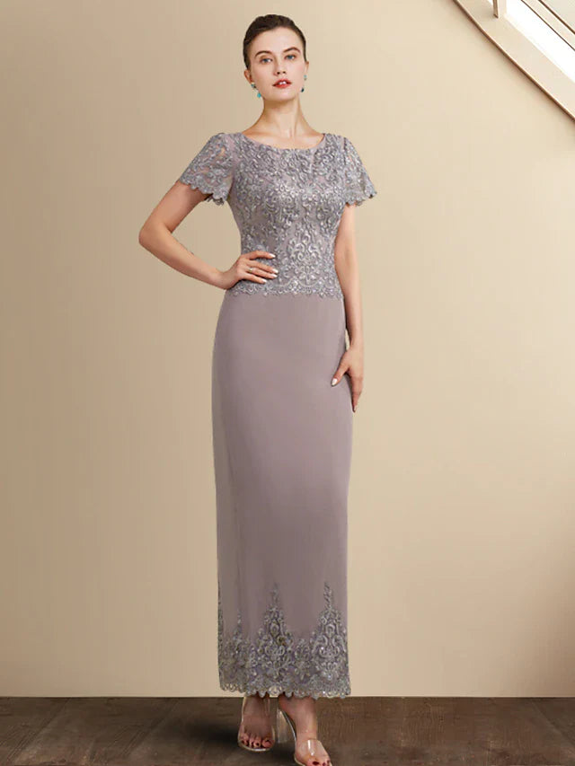 Wholesale Sheath / Column Mother of the Bride Dress Elegant Jewel Neck Ankle Length Chiffon Lace Short Sleeve with Appliques